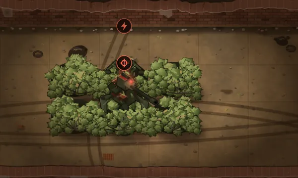 Robots hiding inside a bush, tinted and half covered by leaves.