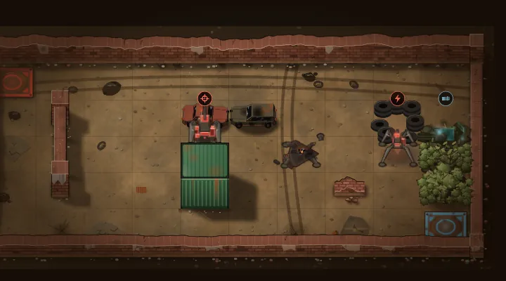 Cover on the board: a brick wall, a car wreck, a tyre stack, a container, a half-wall, bushes and a destroyed robot.