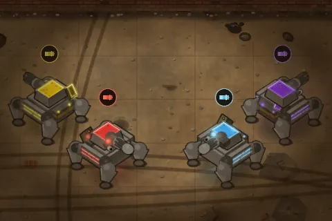 The Heavy Machine Gun robot in all four team colours: red and blue from the front, yellow and purple from behind.