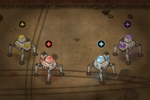 The Medic robot in all four team colours: red and blue from the front, yellow and purple from behind.