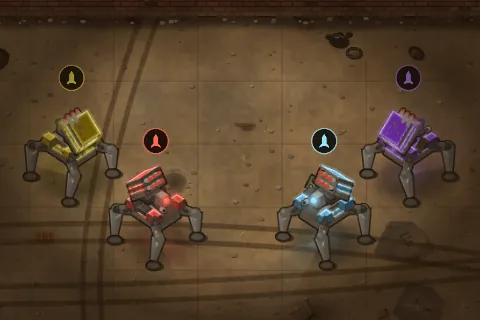 The Missileer robot in all four team colours: red and blue from the front, yellow and purple from behind.