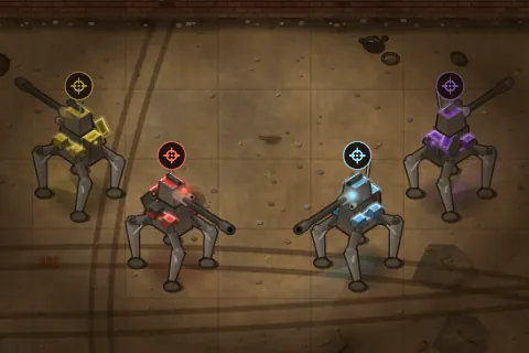 The Rifle robot in all four team colours: red and blue from the front, yellow and purple from behind.