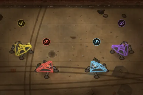 The Stealth robot in all four team colours: red and blue from the front, yellow and purple from behind.