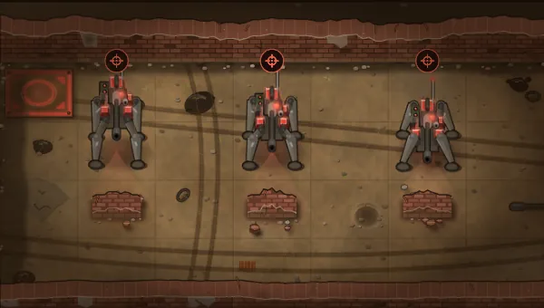Three robots behind half-walls: standing, crouched and in full crouch.