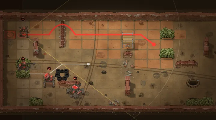 Planning a turn: Red's robots with their routes drawn and one robot's view cones.